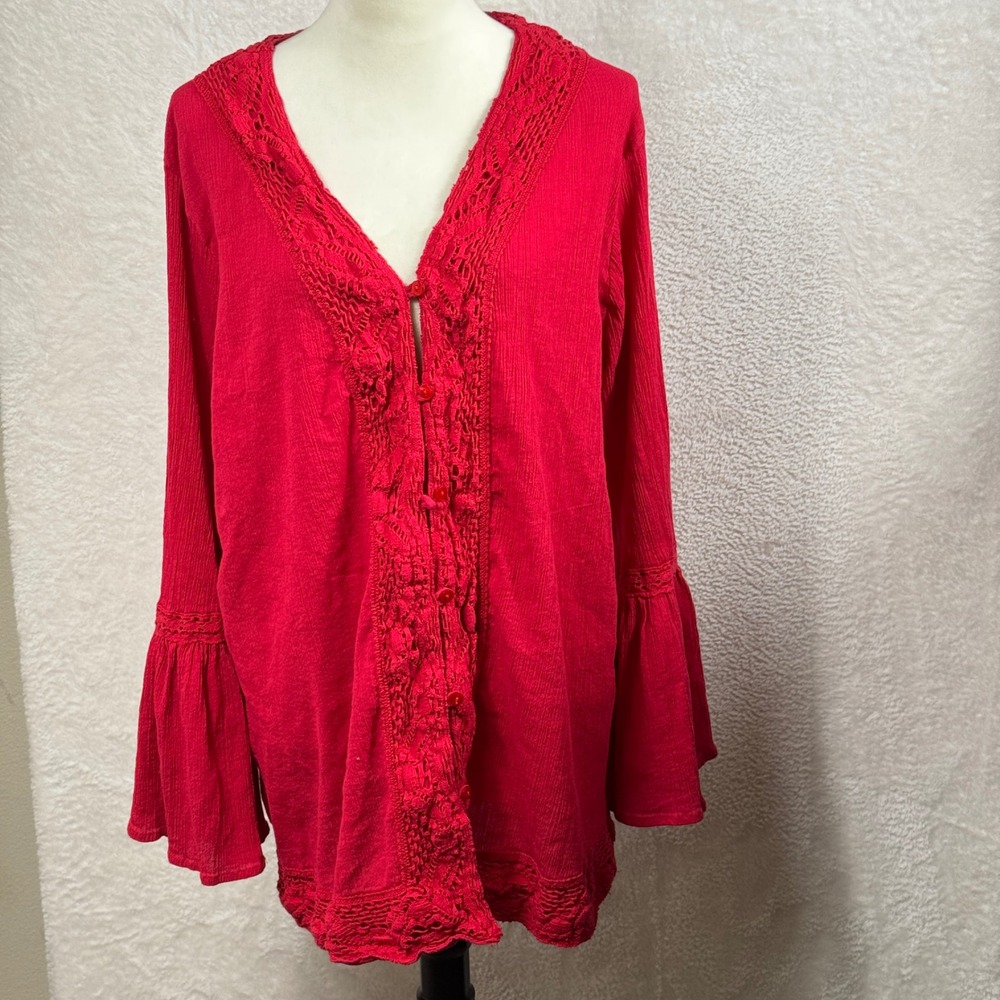Roaman's Red Crochet Trim Blouse Bell Sleeve Bohemian Top‎ Plus Size 22W